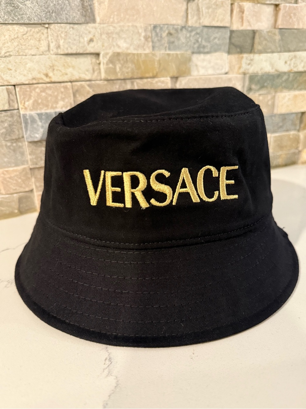 Versace Black Bucket Hat with Gold Logo Embroidery image 3